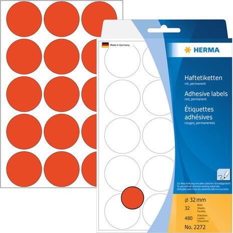 Ετικέτες HERMA αυτοκόλλητες στρογγυλές 32mm No.2272 Κόκκινες (Κόκκινο)