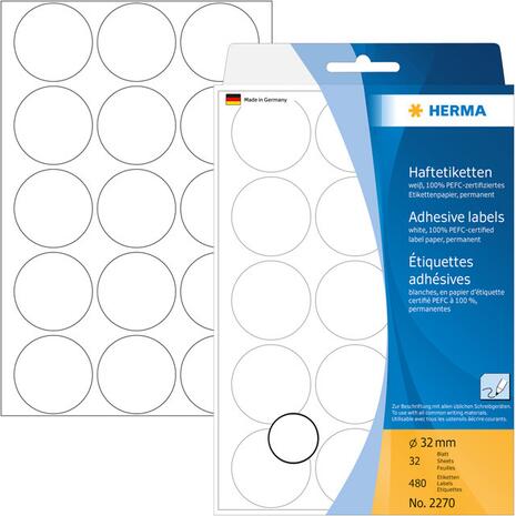Ετικέτες HERMA αυτοκόλλητες στρογγυλές 32mm No.2270 (Λευκό)