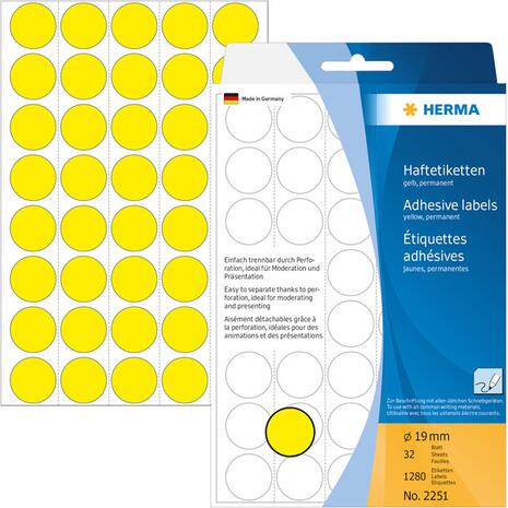 Ετικέτες HERMA αυτοκόλλητες στρογγυλές 19mm No.2251 Κίτρινες (Κίτρινο)