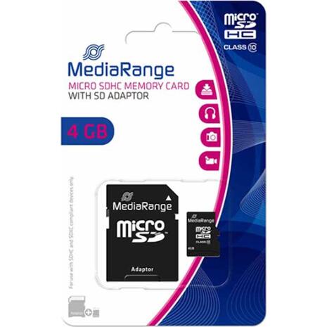 Κάρτα Μνήμης MediaRange MicroSDHC 4GB Class 10 με SD Αντάπτορα