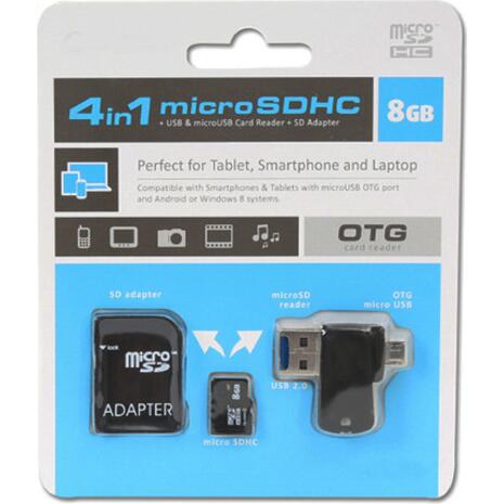 Platinet 8GB 4 in 1 microSDHC + usb & micro usb otg card reader + sd adapter PMMSD8CR4