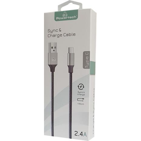 Καλώδιο USB POWERTECH Braided USB 2.0 Cable USB-C male - USB-A male Ασημί 1m (PTR-0052)