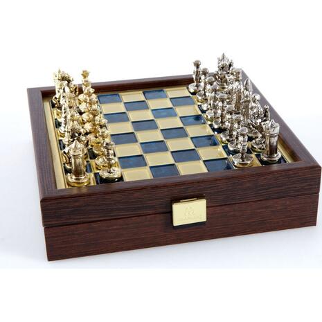 Σετ Σκάκι Μεταλλικά Πιόνια Βυζαντινό Χρυσό-Ασημί & Mπρούτζινη Σκακιέρα 20cm Μπλε (SK1BLU)