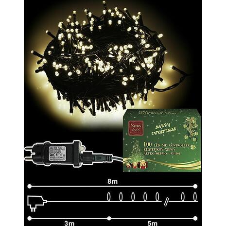 100 Χριστουγεννιάτικα Λαμπάκια LED Θερμό Λευκό 8m για εξωτερικό χώρο (93-1001)