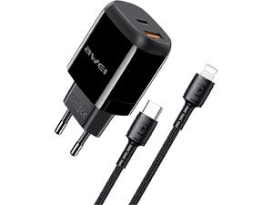 Φορτιστής τοίχου AWEI με καλώδιο USB Type-C σε Lightning PD2, 20W, μαύρος