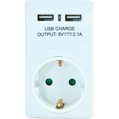 Αντάπτορας ρεύματος POWERTECH schuko PT-767, 2x USB, λευκός