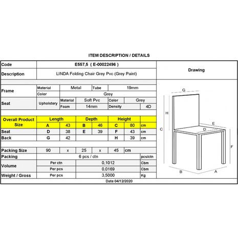 Καρέκλα Πτυσσόμενη LINDA Βαφή Γκρι, Pvc Γκρι [Ε-00022496] Ε557,5 (1 τεμάχιο) (Γκρι)