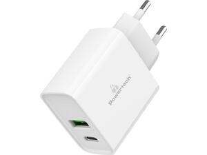 Φορτιστής τοίχου Powertech PT-1025 Usb & Usb-C QC 3.0, 30W λευκός