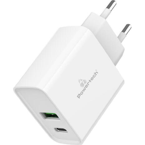 Φορτιστής τοίχου Powertech PT-1025 Usb & Usb-C QC 3.0, 30W λευκός