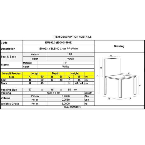 Καρέκλα Κουζίνας - Τραπεζαρίας Blend PP Άσπρη [Ε-00015605] ΕΜ993,3 (1 τεμάχιο)