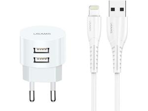 Φορτιστής τοίχου Usams T20 και καλώδιο Lightning Λευκό 2x USB, 2.1A, λευκός