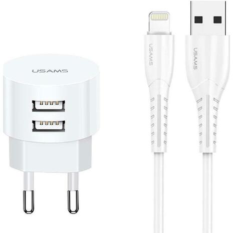 Φορτιστής τοίχου Usams T20 και καλώδιο Lightning Λευκό 2x USB, 2.1A, λευκός