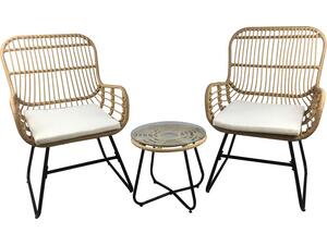 SALSA Yard Set: Τραπέζι + 2 Πολυθρόνες, Μέταλλο Μαύρο, Wicker Φυσικό, Μαξιλάρια Εκρού (Ε292,S)