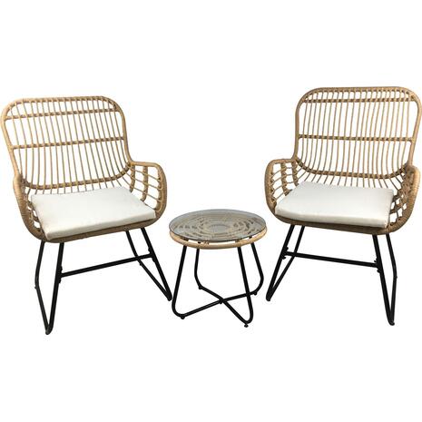 SALSA Yard Set: Τραπέζι + 2 Πολυθρόνες, Μέταλλο Μαύρο, Wicker Φυσικό, Μαξιλάρια Εκρού (Ε292,S)