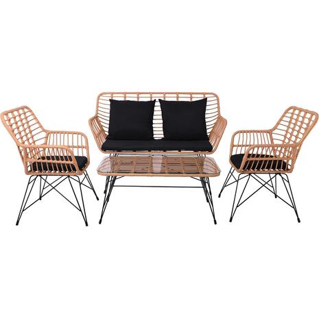 SALSA MAX Living Set Κήπου 4 τεμαχίων, Μέταλλο Βαφή Μαύρο, Wicker Φυσικό, Μαξιλάρια Μαύρο (Ε285,S)