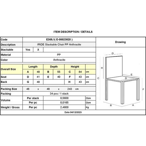 IRIDE Καρέκλα Στοιβαζόμενη, ΡΡ Ανθρακί (Ε369,1)