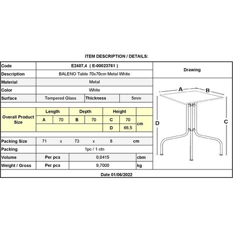 BALENO Τραπέζι Κήπου - Βεράντας, Μέταλλο Βαφή Άσπρο, Γυαλί Tempered (Ε2407,4)