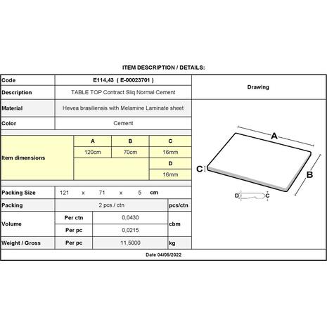 Contract Sliq Normal Επιφάνεια Τραπεζιού τ.Werzalit, Απόχρωση Cement (Ε114,43)