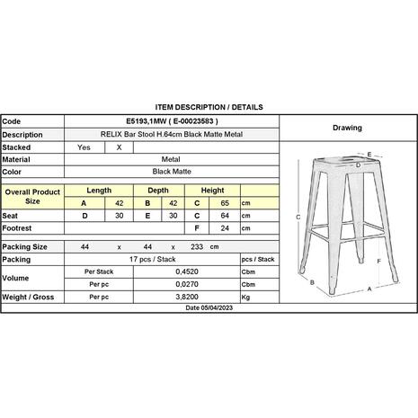 RELIX Σκαμπό Bar H.65cm, Στοιβαζόμενο, Μέταλλο Βαφή Μαύρο Extra Matte (Ε5193,1ΜW)