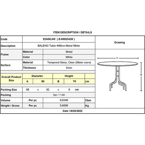 BALENO Τραπέζι Κήπου - Βεράντας, Μέταλλο Βαφή Άσπρο, Γυαλί Tempered (Ε2400,4W)