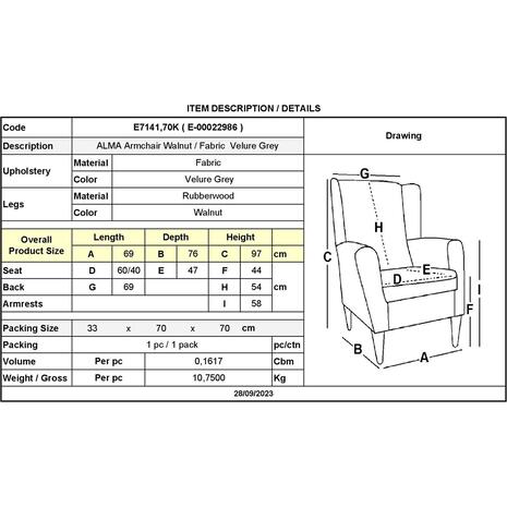 ALMA Πολυθρόνα - Μπερζέρα Σαλονιού - Καθιστικού Καρυδί Ύφασμα Γκρι Velure, K/D (Ε7141,70Κ)