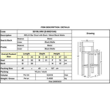 RELIX Σκαμπό Bar με Πλάτη, Μέταλλο Βαφή Μαύρο Εxtra Matte (Ε5199,1ΜW)