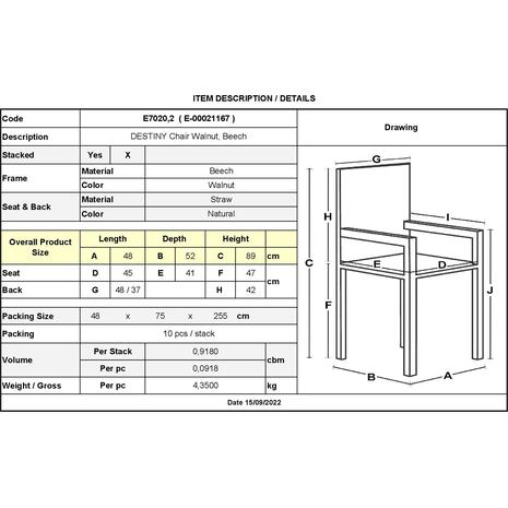 DESTINY Καρέκλα Τραπεζαρίας Οξιά Καρυδί, Κάθισμα Ψάθα, Στοιβαζόμενη (Ε7020,2)