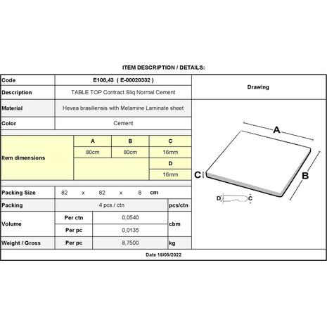 Contract Sliq Normal Επιφάνεια Τραπεζιού τ.Werzalit, Απόχρωση Cement (Ε108,43)