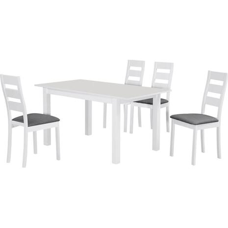 MILLER Set Τραπεζαρία Κουζίνας Άσπρο, Ύφασμα Γκρι: Τραπέζι Επεκτεινόμενο + 4 Καρέκλες (Ε781,2S)