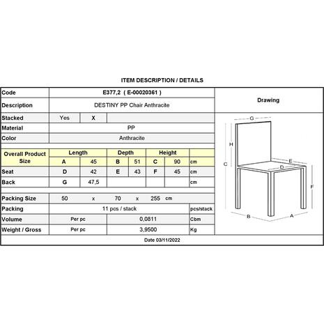 DESTINY Καρέκλα Πολυπροπυλένιο (PP), Απόχρωση Ανθρακί, Στοιβαζόμενη (Ε377,2) (Ανθρακί)