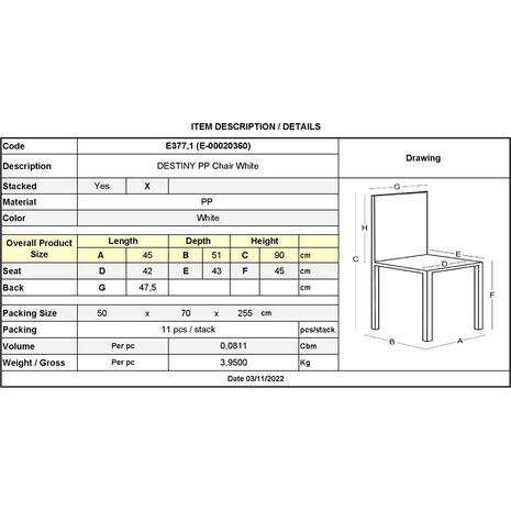 DESTINY Καρέκλα Πολυπροπυλένιο (PP), Απόχρωση Άσπρο, Στοιβαζόμενη (Ε377,1) (Λευκό)