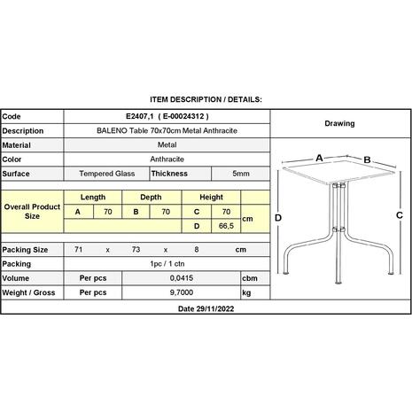 BALENO Τραπέζι Κήπου - Βεράντας, Μέταλλο Βαφή Ανθρακί, Γυαλί Tempered (Ε2407,1)