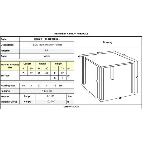 TEBO Τραπέζι Τραπεζαρίας Κήπου - Βεράντας, PP Άσπρο (Ε305,2)