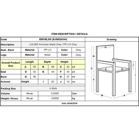 LOUISE Πολυθρόνα Μέταλλο Βαφή Γκρι, PP-UV Γκρι (εκτός συσκευασίας) (ΕΜ165,3W)