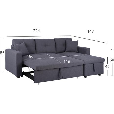 ΚΑΝΑΠΕΣ ΓΩΝΙΑ ΚΡΕΒΑΤΙ WAYNE 224x147x85Υεκ. HM3028.11 ΓΚΡΙ ΥΦΑΣΜΑ (Γκρι)