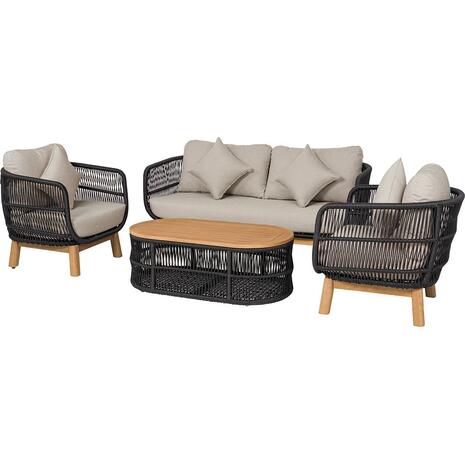 MARK Set Σαλόνι Κήπου 4 τεμαχίων Acacia Φυσικό, Rope Wicker Μαύρο, Μαξιλάρια Μπεζ (Ε2360,1)