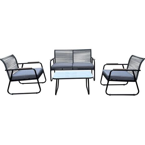 ROCCO Set Σαλόνι Κήπου 4τεμ, Μέταλλο Μαύρο,RopeWicker Γκρι, Μαξιλ.Σκούρο Γκρι, Γυαλί Μαύρο (Ε6873,1)
