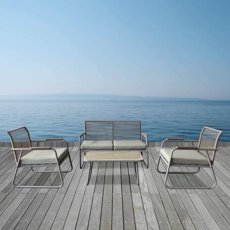 ROCCO Set Σαλόνι Κήπου 4τεμ, Μέταλλο Μπεζ, Rope Wicker Μπεζ, Μαξιλ.Μπεζ, Γυαλί Μπεζ (Ε6873,2)