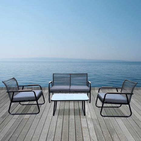 ROCCO Set Σαλόνι Κήπου 4τεμ, Μέταλλο Μαύρο,RopeWicker Γκρι, Μαξιλ.Σκούρο Γκρι, Γυαλί Μαύρο (Ε6873,1)