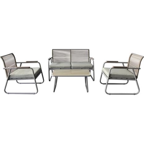 ROCCO Set Σαλόνι Κήπου 4τεμ, Μέταλλο Μπεζ, Rope Wicker Μπεζ, Μαξιλ.Μπεζ, Γυαλί Μπεζ (Ε6873,2)