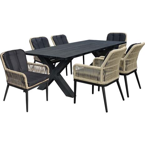 ALLEY Set Τραπεζαρία ALU Ανθρακί-Rope Φυσικό: Τραπέζι 180x94 + 6 Πολυθρόνες με Μαξιλ (Ε68421,S)