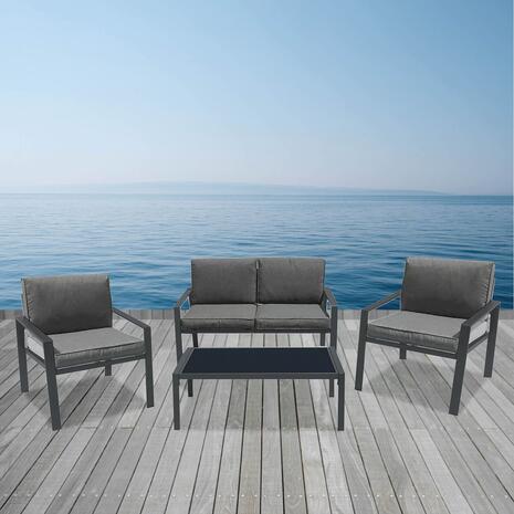 RIVIAN Set Σαλόνι Κήπου 4τεμ, Μέταλλο Βαφή Ανθρακί, Μαξιλάρια Γκρι (Ε6846)
