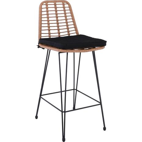 SALSA Σκαμπό BAR-Pro με Πλάτη, Μέταλλο Βαφή Μαύρο - Wicker Φυσικό, με Μαξιλάρι Μαύρο (Ε252,11)