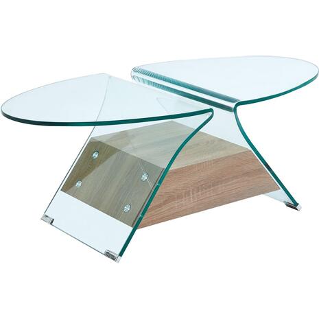 GLASSER Wood Τραπεζάκι Σαλονιού Oval, Διάφανο Γυαλί 12mm, Ράφι Απόχρωση Δρυς (ΕΜ721,1)