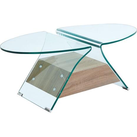 GLASSER Wood Τραπεζάκι Σαλονιού Oval, Διάφανο Γυαλί 12mm, Ράφι Απόχρωση Δρυς (ΕΜ721,1)