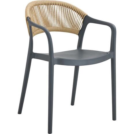 DONNA Πολυθρόνα Στοιβαζόμενη, PP-UV Ανθρακί, Rope Wicker Φυσικό (Ε3150,4)