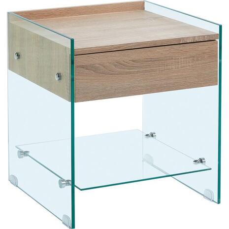 GLASSER Wood Κομοδίνο Διάφανο Γυαλί 10mm - με Συρτάρι Απόχρωση Δρυς (ΕΜ840,1)