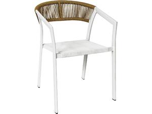PARMA Πολυθρόνα Βεράντας-Κήπου ALU Άσπρο, Rope Wicker Φυσικό, Textilene Άσπρο, Στοιβαζόμενη (Ε6717,2)