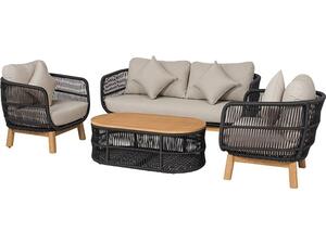 MARK Set Σαλόνι Κήπου 4 τεμαχίων Acacia Φυσικό, Rope Wicker Μαύρο, Μαξιλάρια Μπεζ (Ε2360,1)