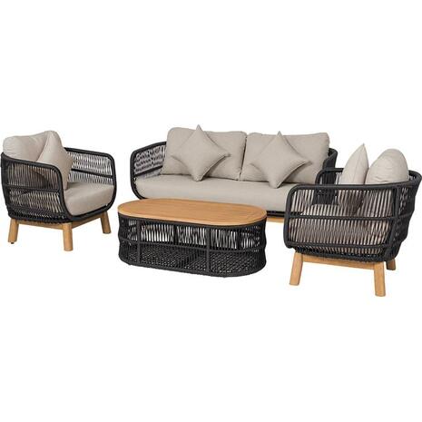 MARK Set Σαλόνι Κήπου 4 τεμαχίων Acacia Φυσικό, Rope Wicker Μαύρο, Μαξιλάρια Μπεζ (Ε2360,1)